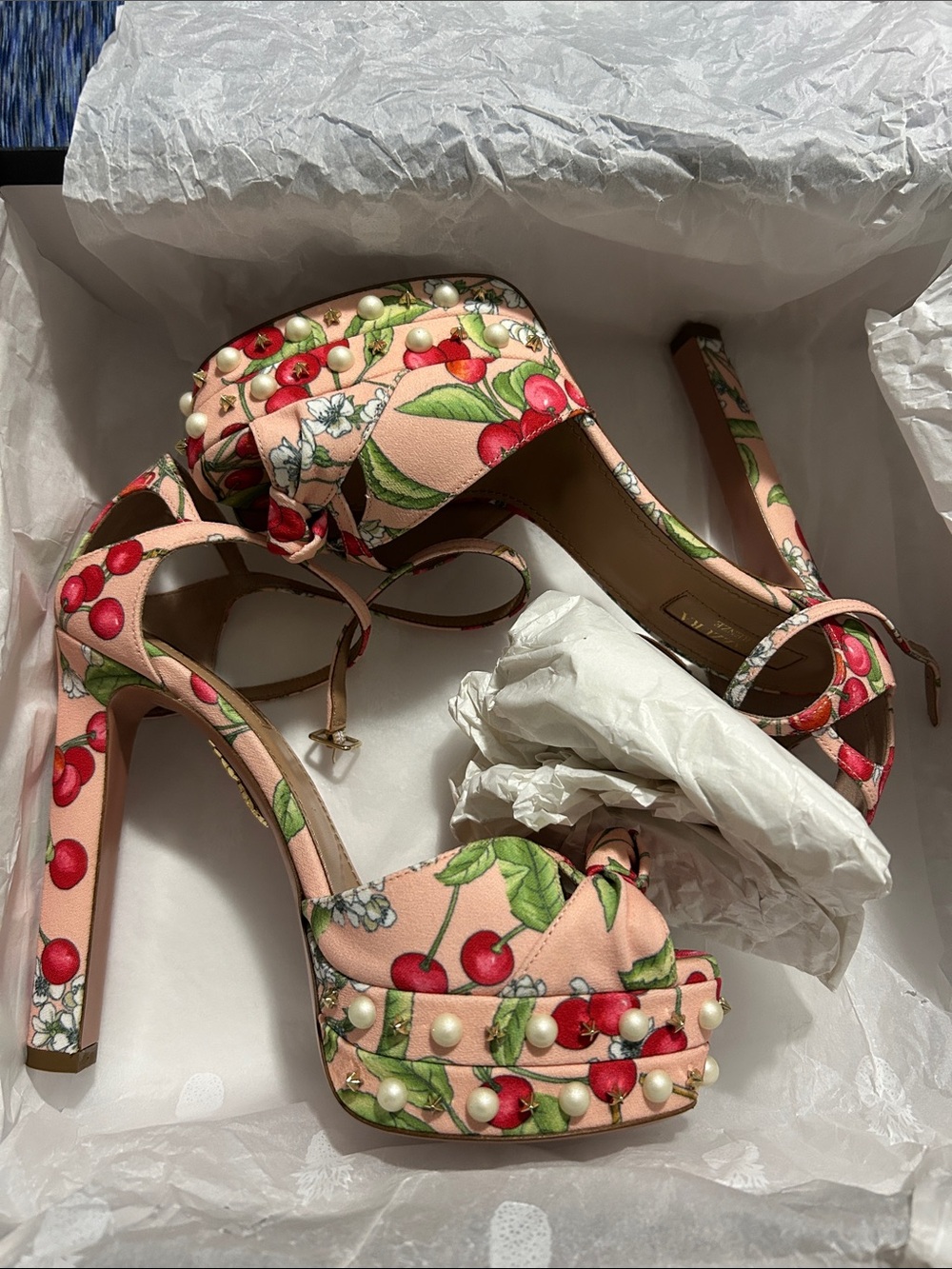 Aquazzura Cherry Floral Ankle-Strap Platform Heels - Pink & Red 💝 - Picture 6 of 8